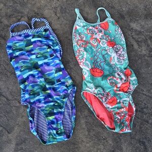 Dolfin Blue and Green Camo & Red and Green Jellyfish One Piece Swimsuits Size 30